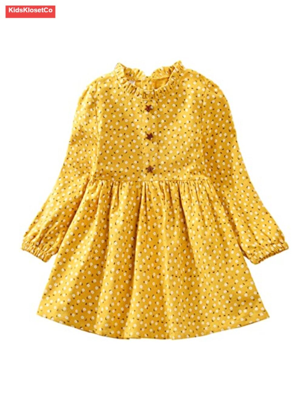 Cotton Floral Toddler Dress Long Sleeve Ruffle Collar Kids Midi Dress